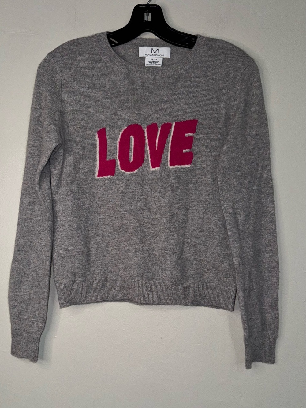 Magaschoni Gray Crewneck Sweater with Pink LOVE Graphic